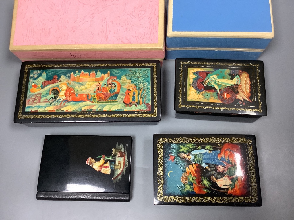 A group of three hand painted Russian Palekh lacquered boxes and similar address book